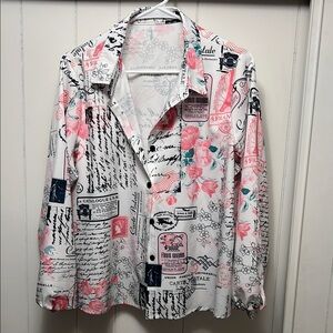 Floral and Script Print Button-Up Shirt XXL